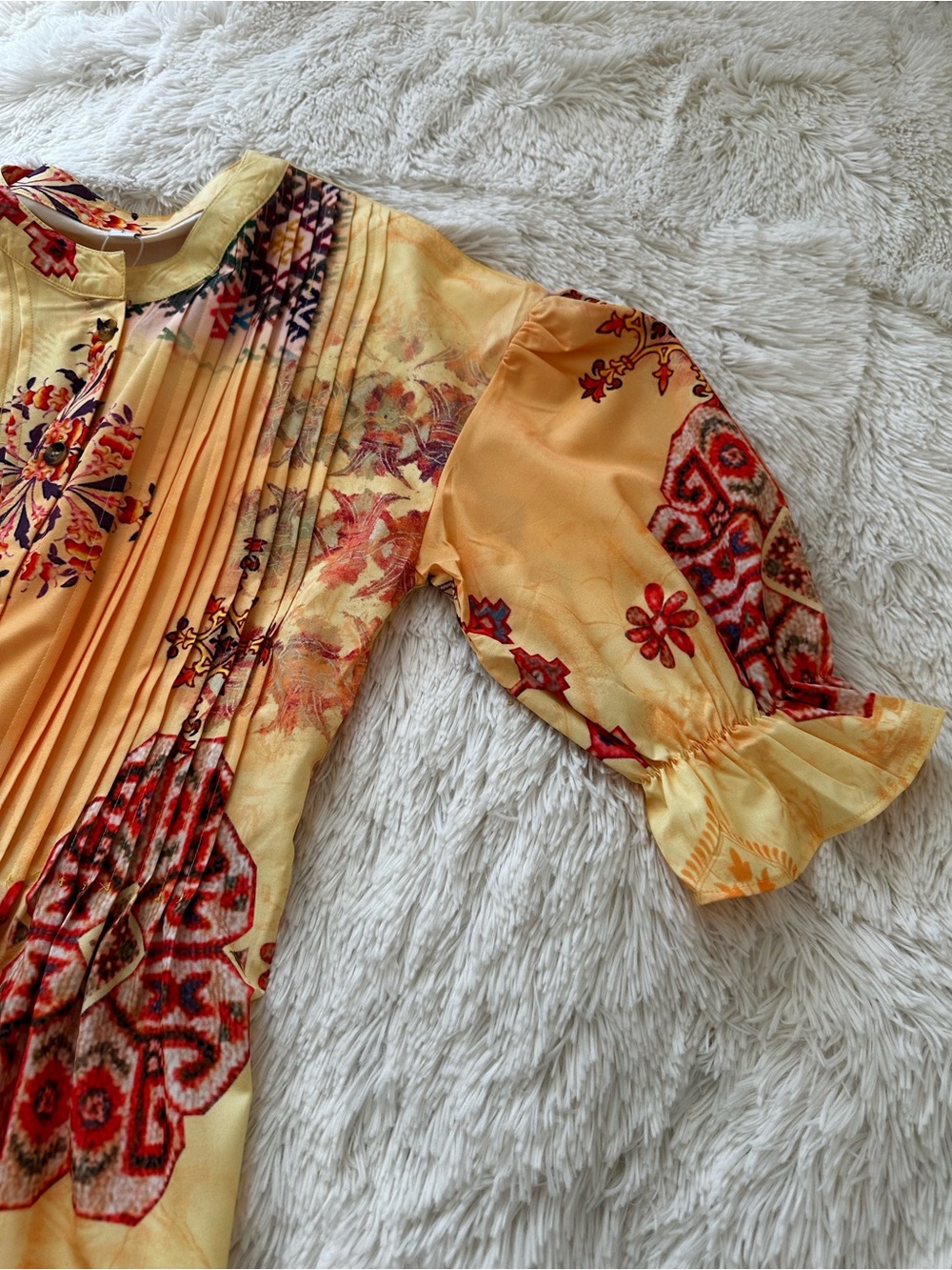 Boho Yellow Printed Maxi Dress Size: Large Puff Sleeve Button Front Cottagecore - Picture 6 of 7